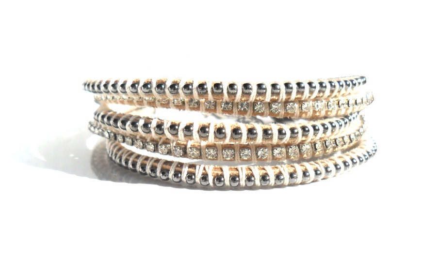 Crystal / Leather / Gunmetal ball chain / Friendship Bracelet  stacks - Five in one - Metallic Fashion