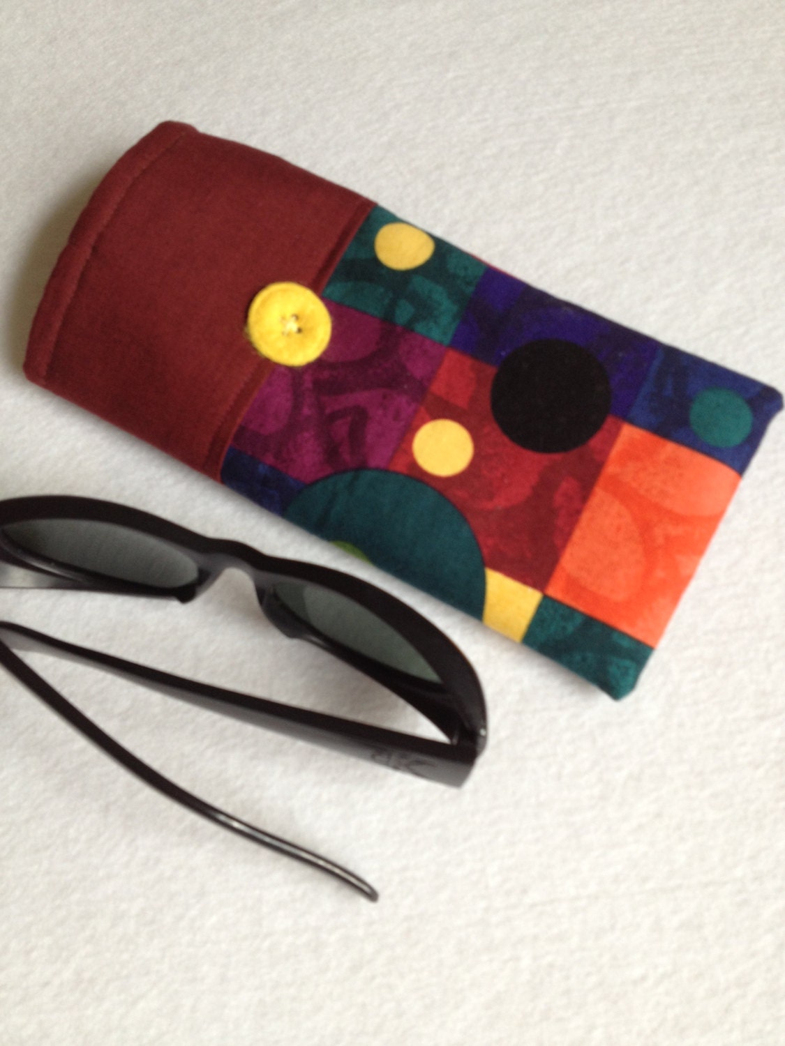 Sunglasses Case, large size glasses sleeve, burgundy, black and yellow modern dots, eyeglass cozy, soft case, gift for women