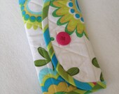 Crochet Hook Case - white, lime green and aqua blue, quilted cotton tri fold storage carrying case for crochet hooks