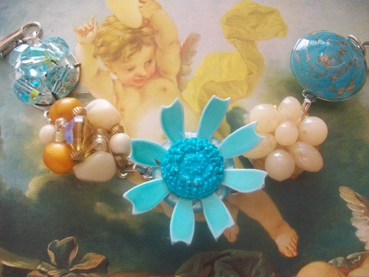 Summer Of Love Boho Vintage Turquoise And Orange Sherbert Beaded Cluster Earring Bridal Bracelet, Heirloom Cluster Earring OOAK, Gypsy Chic