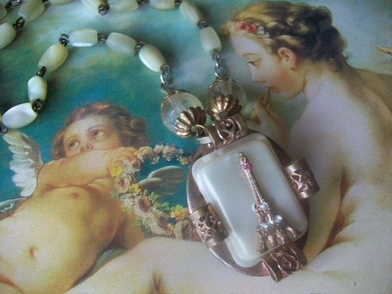 Springtime In Paris - Vintage Celluloid Rhinestone Eiffel Tower Assemblage Necklace, French Chic, Shabby Chic