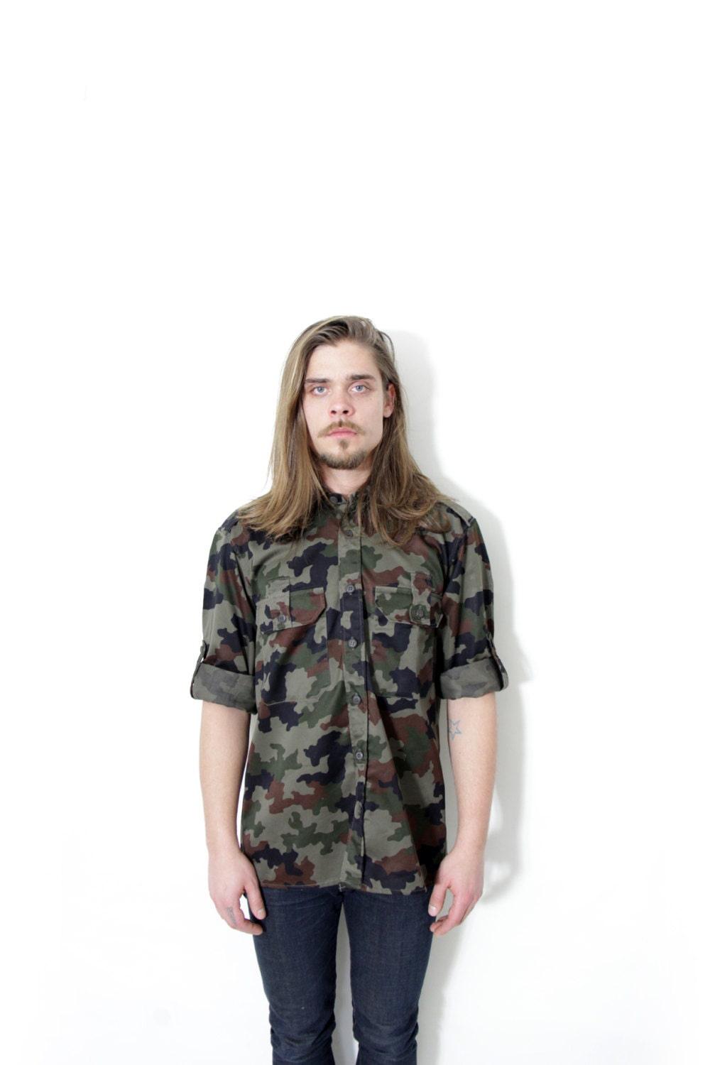 Vintage shirt / army camo green button up / size L