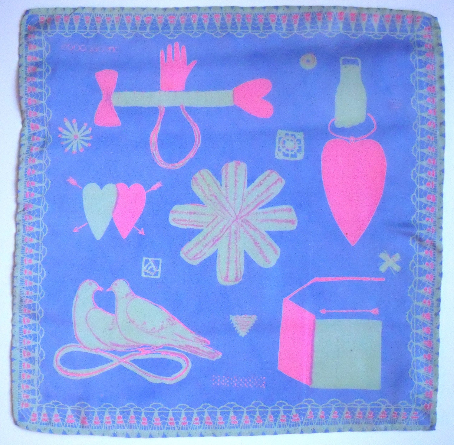Hand Screen Printed Silk Love Token Handkerchief Blue/Pink/Green