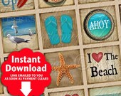 Retro Beach / Ocean / Vintage Designs - INSTANT DOWNLOAD 1x1 Inch Square Tiles Digital JPG Collage Sheet