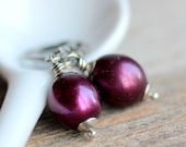 June Birthstone Pearl Earrings on Sterling Silver Lever Back Ear Wires - Dark Pink Magenta Burgundy Freshwater Pearls - Bacchus