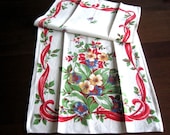 TOWEL RETRO Vintage Sharp Print Cotton Sailcloth Red Ribbon Bouquet of Flowers