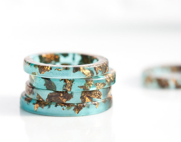 Mint Resin Stacking Ring Dark Gold Flakes Teal Thin Smooth Small Ring OOAK seafoam boho minimalist jewelry rusteam
