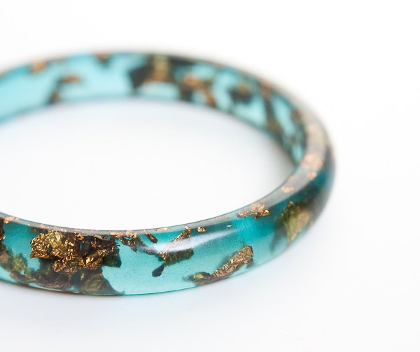Resin Bangle Bracelet Mint Teal Dark Gold Flakes Smooth Stackable bangle Small Cuff OOAK seafoam rusteam