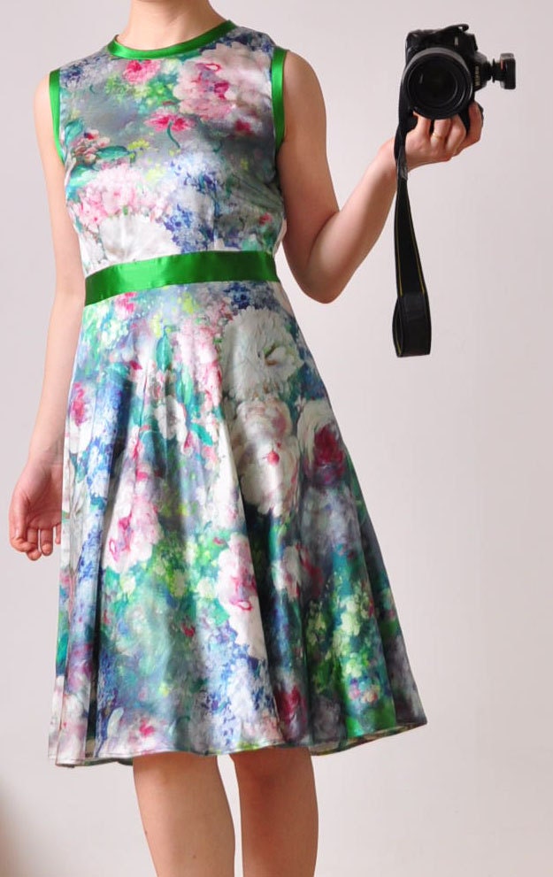Blue Floral Printed Pure Silk Satin Sleeveless Scoop Neck Full Pleated Dress