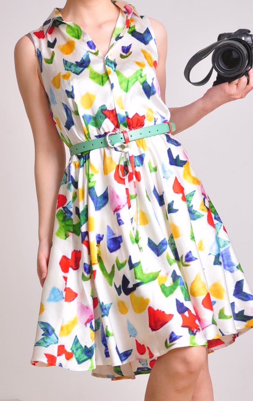 Rainbow White Pure Silk Satin Sleeveless Full Pleated Shirt Dress