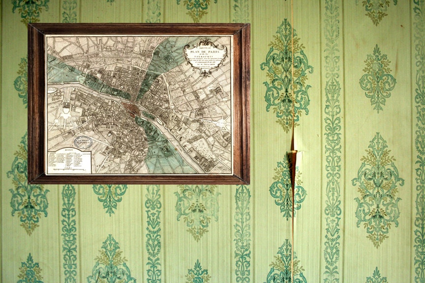 Antique Paris Map "Plan de Paris" - Victorian French Vintage Map Engraved - Elegant Grey Green Map