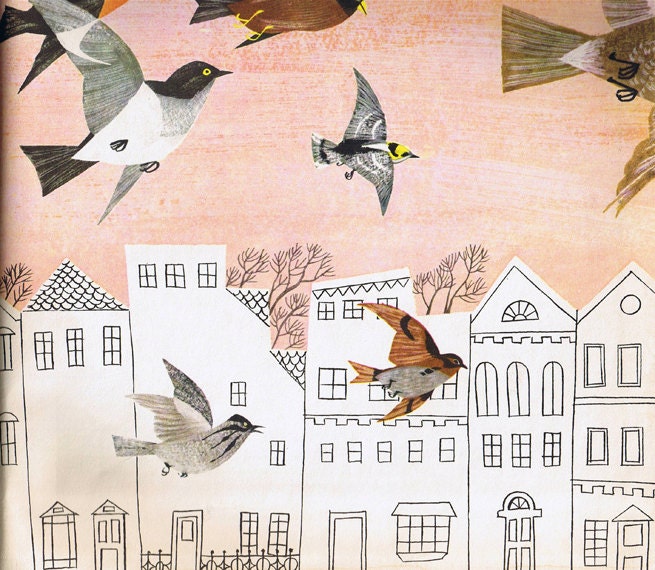 Vintage Birds Art - Russian Soviet Print "Bird City" Mod 1960s Pastel Illustration - Birds and Buildings Cityscape