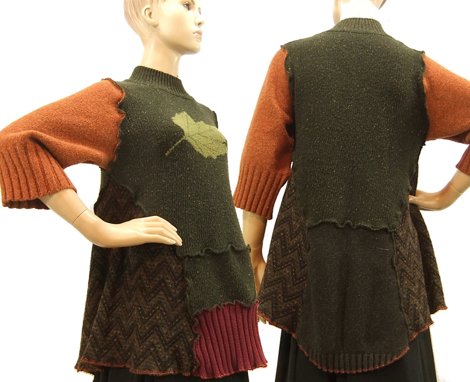 Green orange Sweater, wool sweater, woman tunic, maple leaf