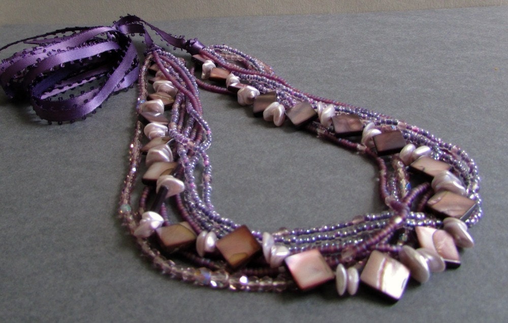 Lavender and Purple Multi Strand Choker Necklace / Torsade Necklace / Long Necklace / Convertible Headband Jewelry - Charisma