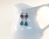 Green Leaf Earrings Czech Glass Silver Flower Connectors Long Beaded Wires