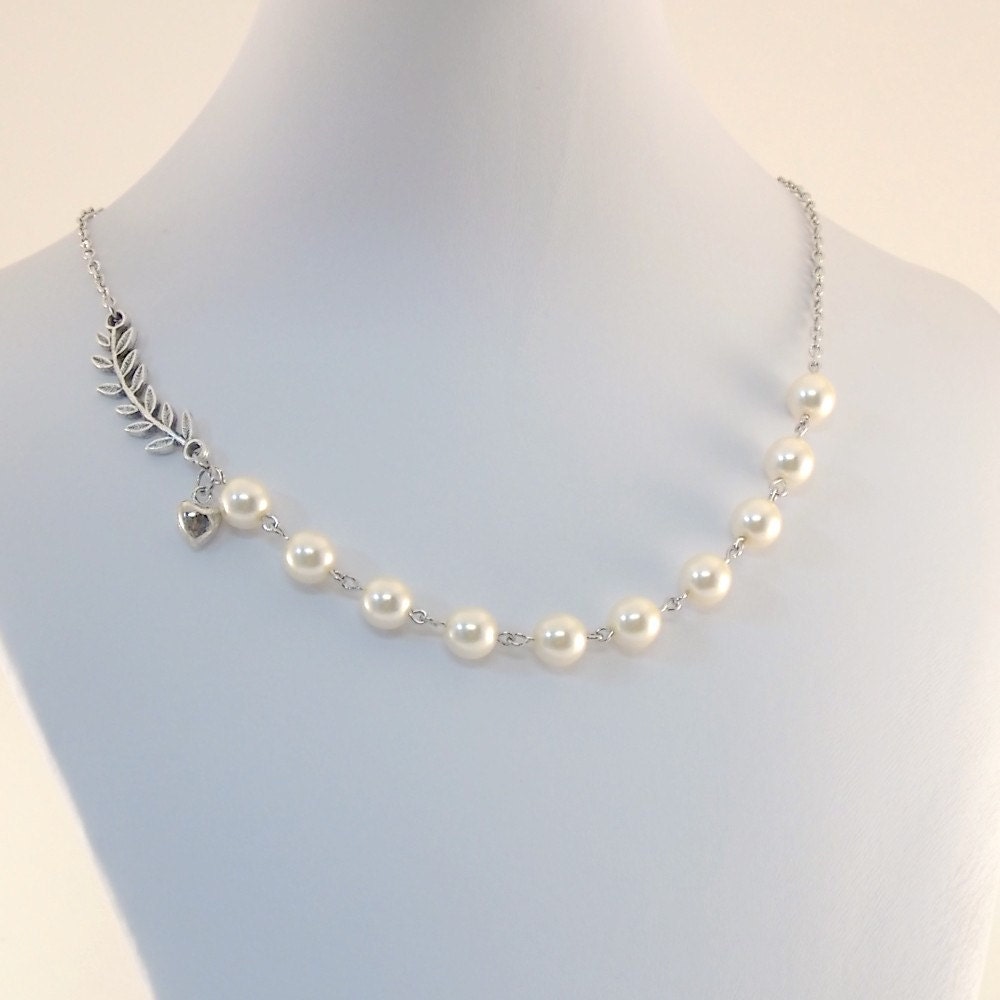 Champagne Pearl Necklace Glass Pearls Silver Leave Heart Beaded Choker
