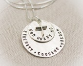 Serenity Prayer Pendant Necklace in Sterling Silver with Cross Charm Hand Stamped Personalized