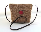 Red  button Sweet HipBag---100 percent Cotton-  light Brown offwhite.