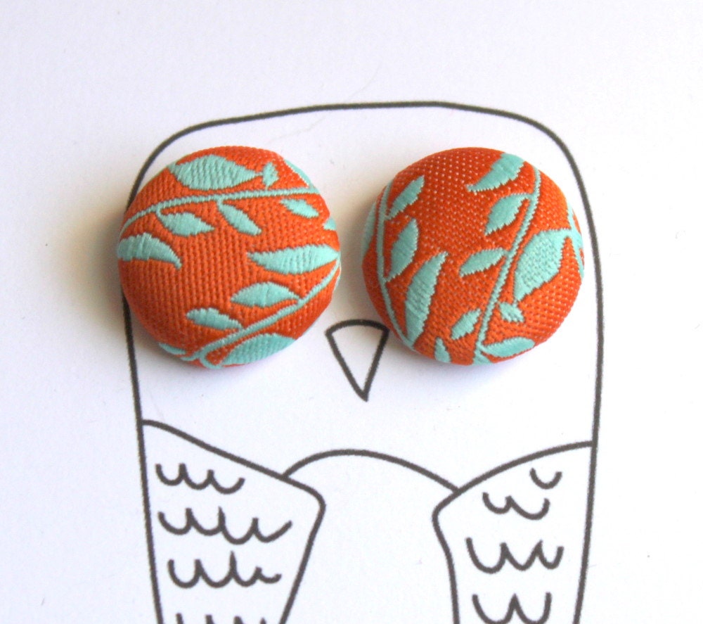 Lovely Button Earrings in Orange and Teal by Uptown Avenue