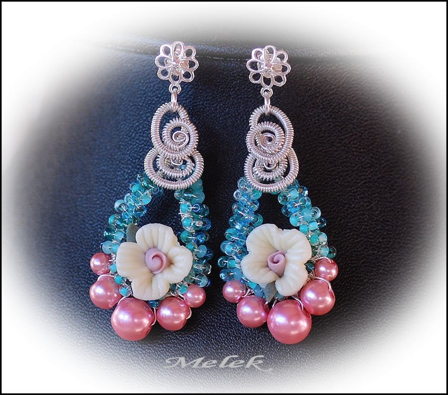Wirewrapped Post Earrings Pink and Aqua