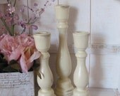 Antique White Cottage Style Wooden Candlesticks - Wedding Center Piece