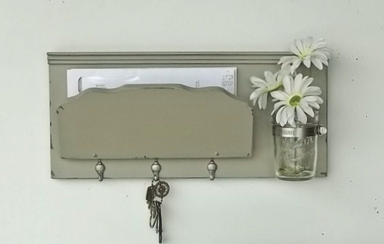 Flagstone Gray....Mail Holder and Organizer Key Hooks  Mason Jar Shelf ..