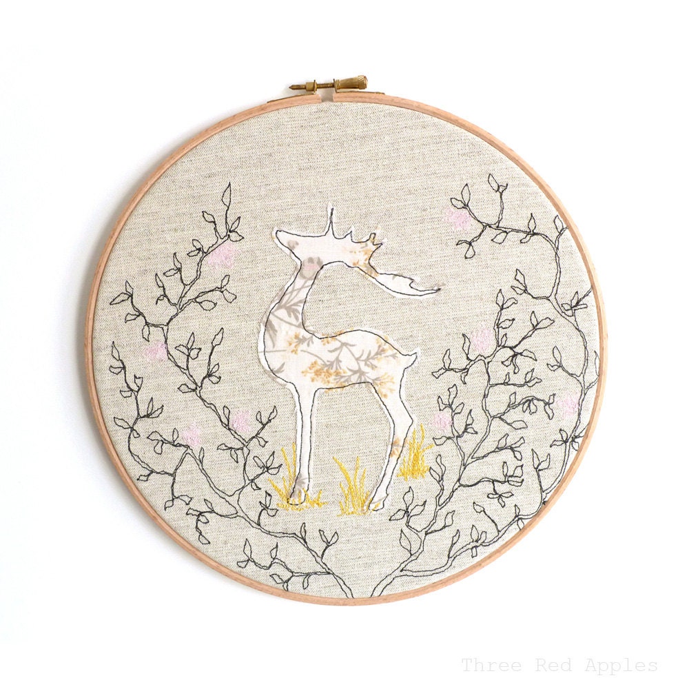 Embroidery Hoop Art - Reindeer Textile illustration in gold, pink & brown - large 10" hoop