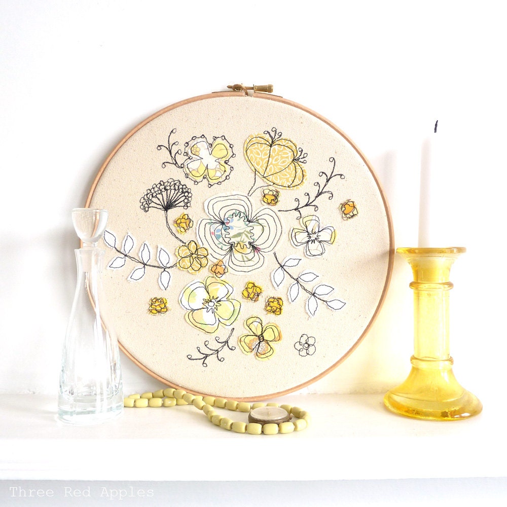 Embroidery Textile Art - 'Hello petal' Floral Hoop Artwork in sunny yellow - Large 10" hoop