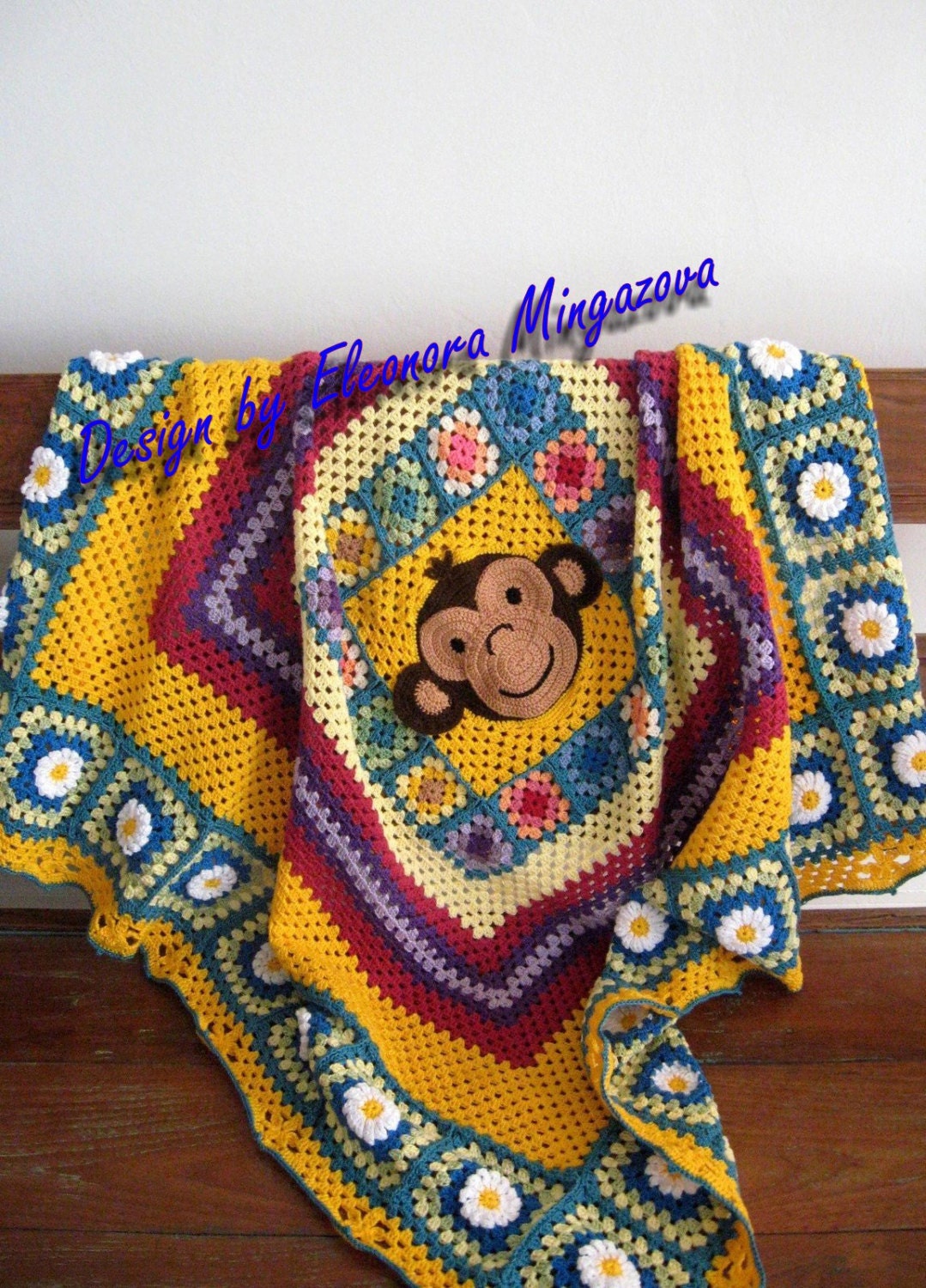 MADE TO ORDER Handmade Crocheted Monkey Children blanket afghan granny squares 45" by 45"