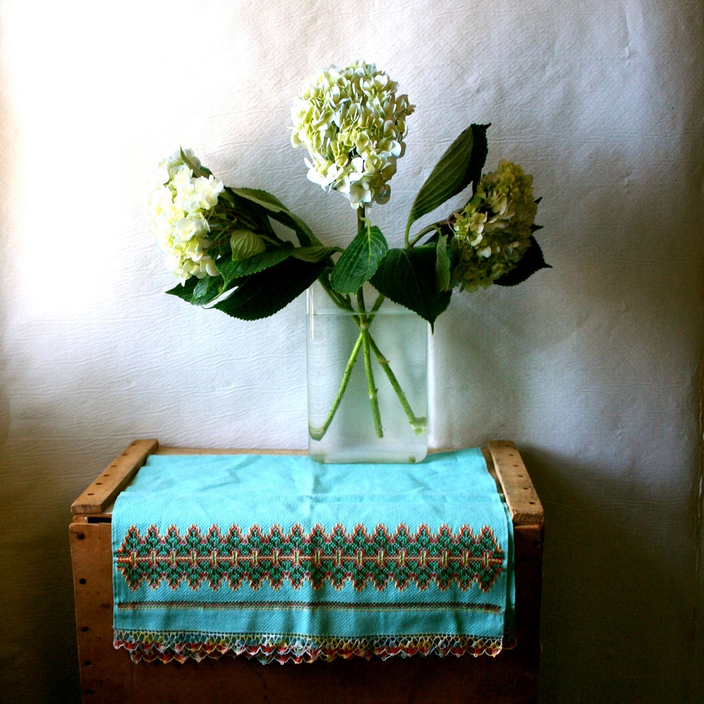 Vintage Embroidered Tea Towel Crocheted Tatted 1940s
