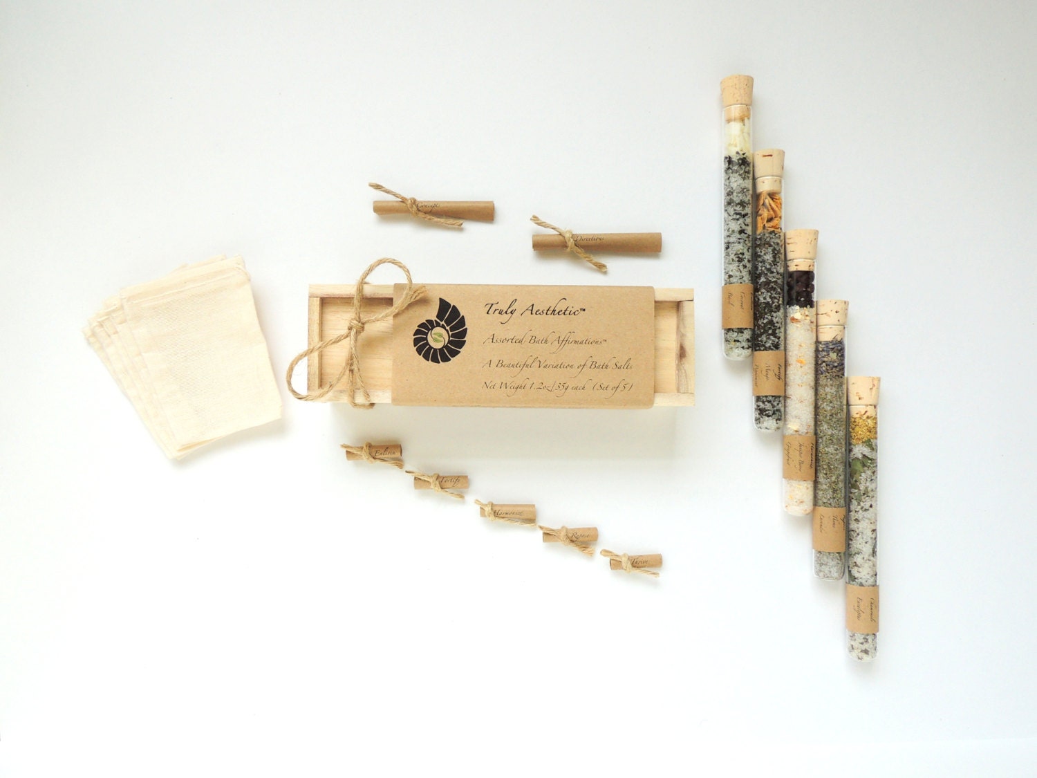 Organic & All Natural Herbal Bath Salt Test Tubes. (Assorted Bath Affirmations) Wedding, Hostess, Eco, Spa, Luxury gift set.