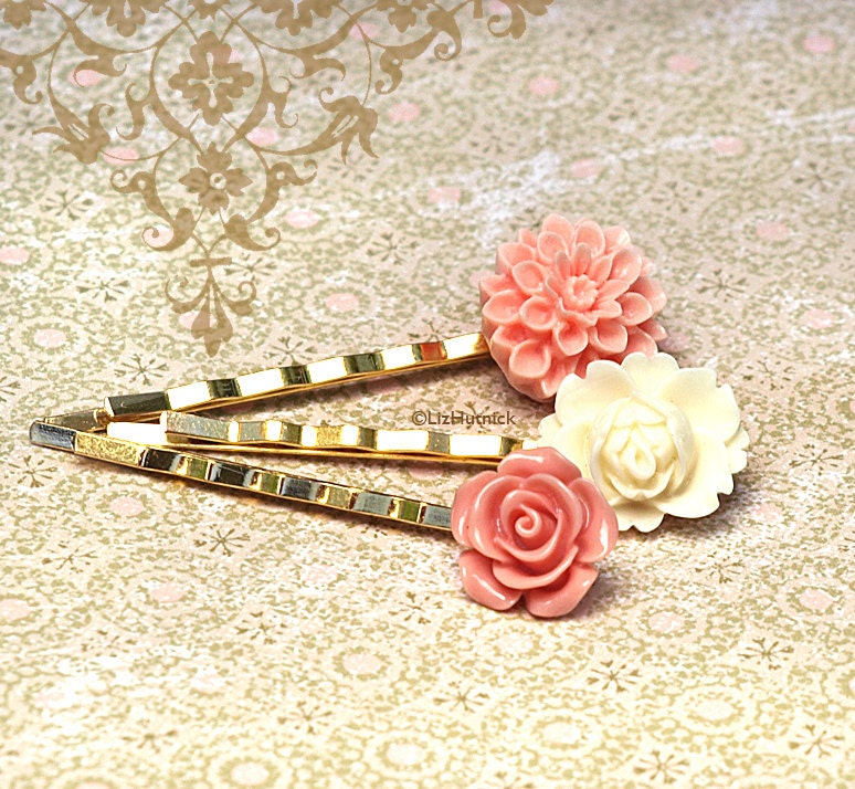 On SALE Today. Softly. Coral Pink, Dusty Rose and Ivory Flower Bobby Pins. Hair Accessories.