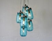 Feelin' Blue - Mason Jar Chandelier Featuring 6 Blue Perfect Mason Jars - Direct Hardwire Hanging Lighting Fixture - BootsNGus Lamps