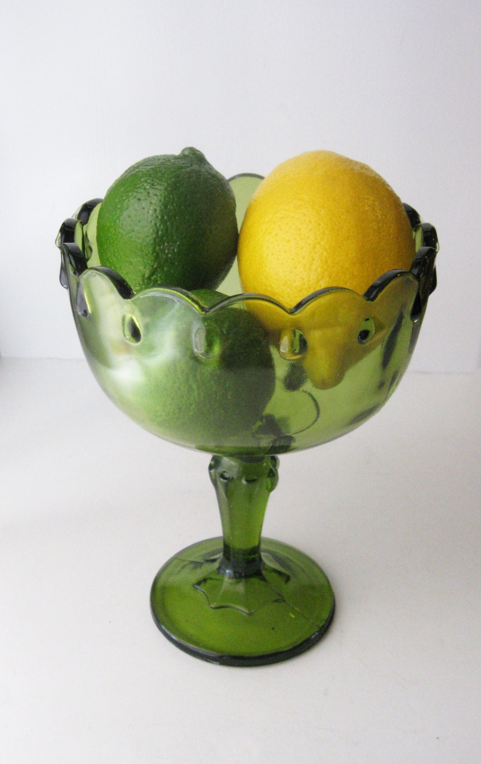 Vintage Green Glass Compote, Scalloped Edges