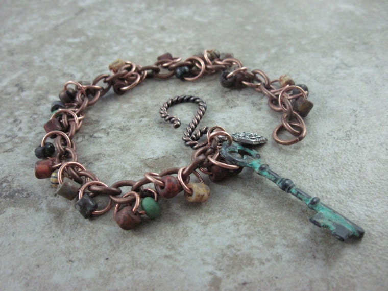 Rustic Beaded Charm bracelet with Vintage style Key
