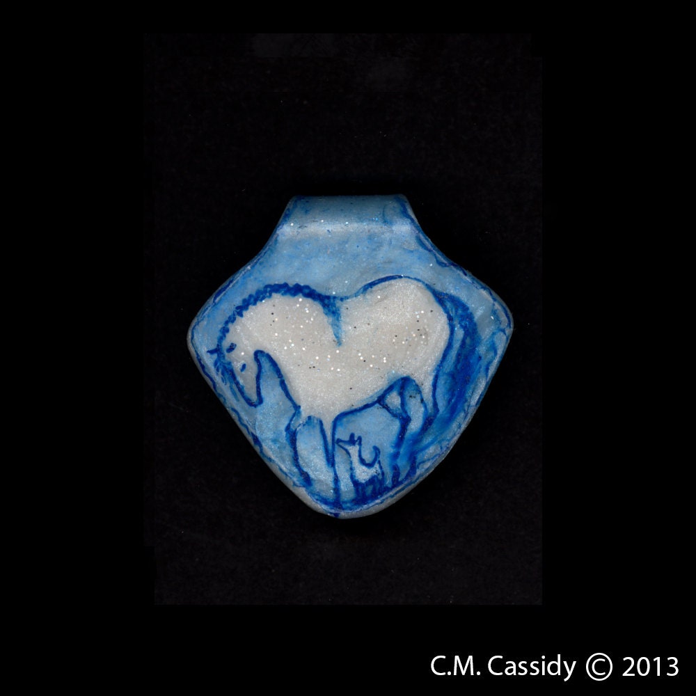 Watery Blue White Horse and Small Dog Horse Pendant. Original Ink Drawing on Polymer Clay. Indigo Blue and White black Border 3113