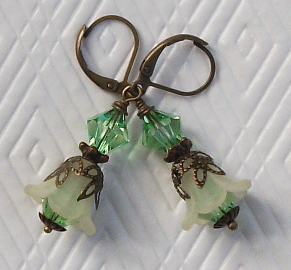Yellow Frosted Petunia Lucite Flower Green Swarovski Crystal Earrings