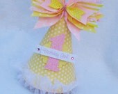 Yellow and Pink Birthday Party Hat in pale yellow and baby pink polka dot great for Easter