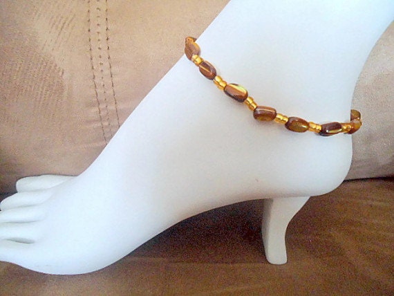Ankle bracelet beachy shell tropical jewelry summer stretch foot jewelry brown and gold seed beads