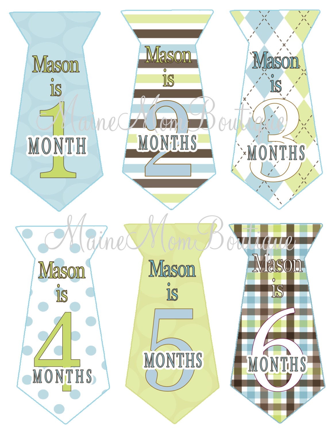 SALE Personalized CUSTOM Name Monthly Baby Boy Onesie Stickers Gift  Blue Green Brown Argyle Stripes Dots Uncut Tie First Birthday
