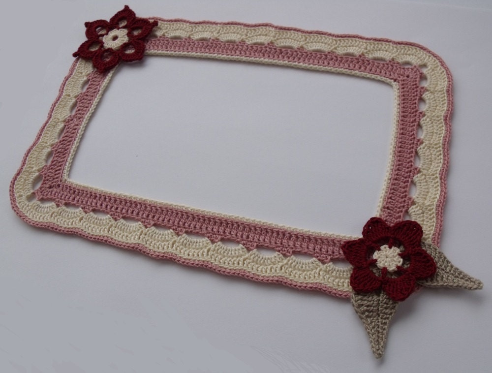 Crocheted Picture Frame with Ox Blood Flowers - Handmade Scrapbooking Photo Border