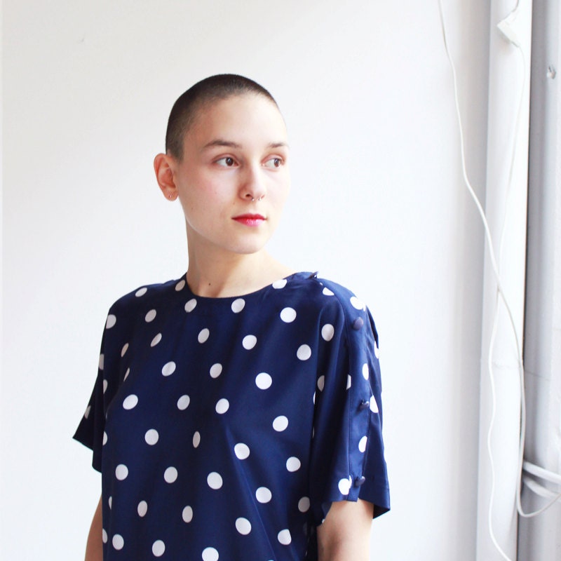 Polka dot top - navy and white - blouse - vintage