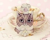 Cat that Got the Cream Illustrated Wooden Brooch