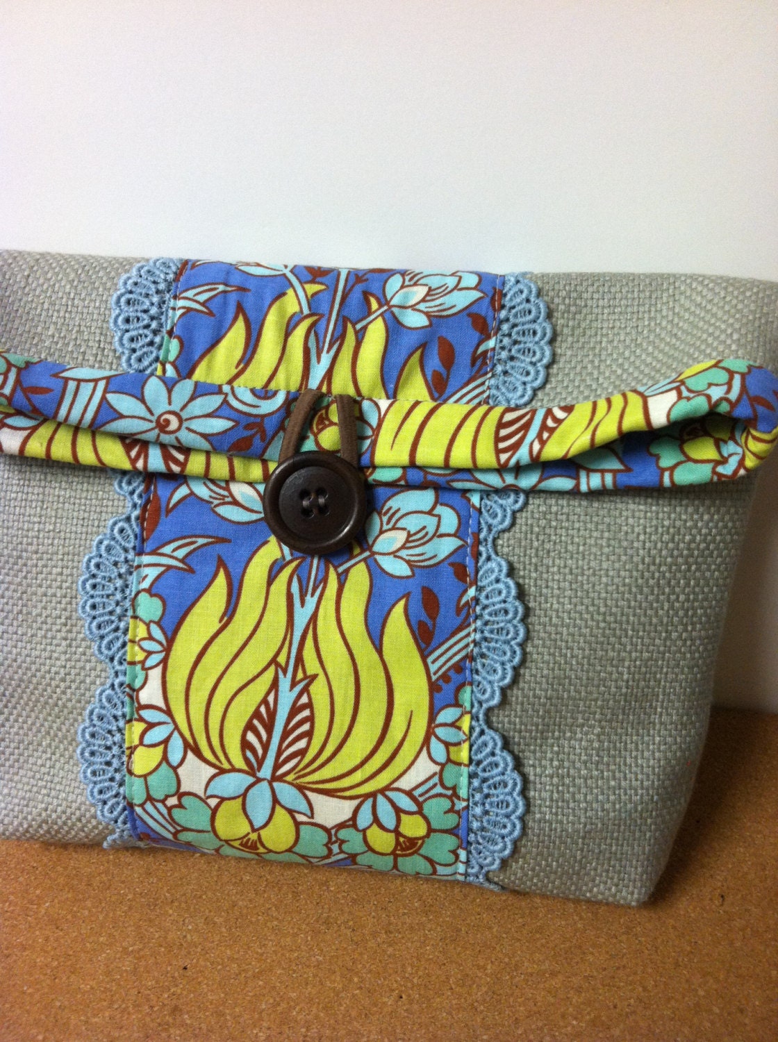 Foldover Pouch Clutch Linen with vintage lace trim
