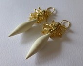 Ivory and Gold Polymer Clay Spike and Crystal Cluster Earrings