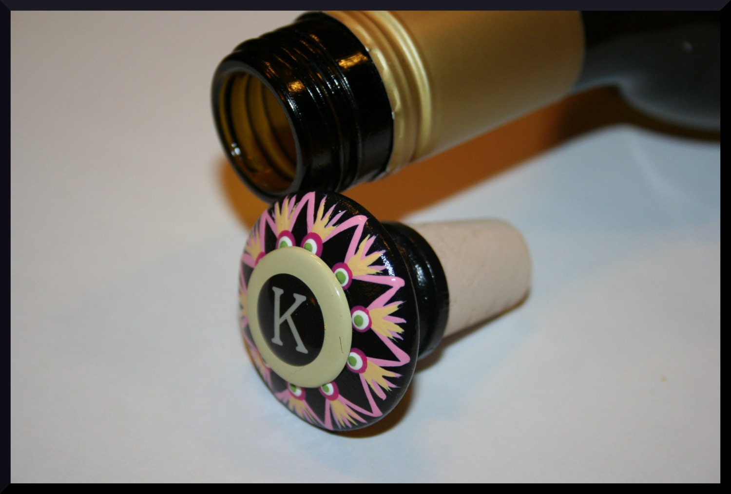 High Point Black, Cream and Pink Wine Bottle Stopper- Pick Your Letter