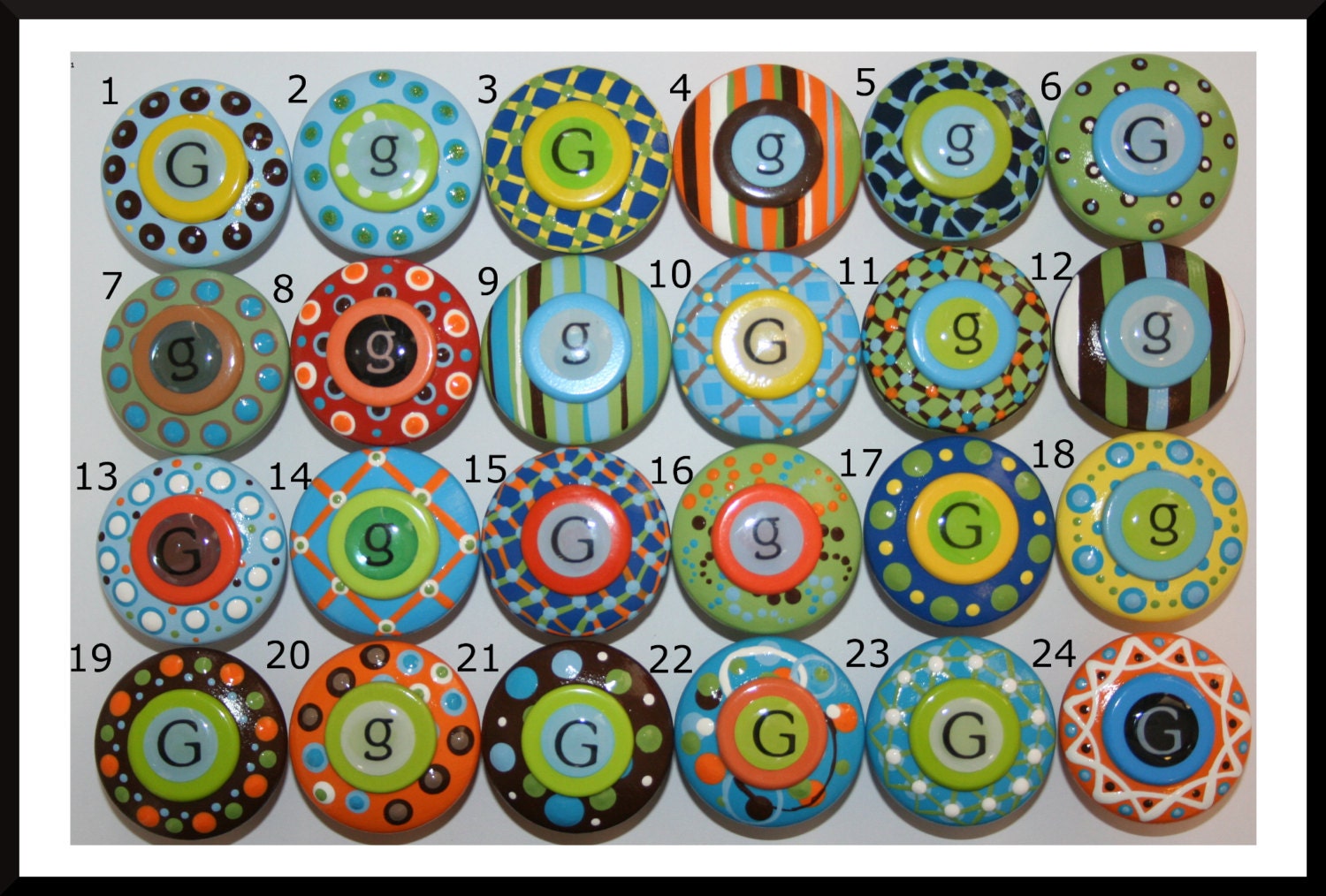 Various Wine Stoppers Painted in Orange, Green, Blue, Yellow and Brown