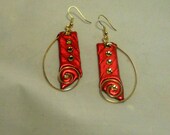 Red Earrings with Brass Wire Swirls