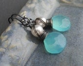 SALE Blue Chalcedony Earrings, White Swarvoski Pearls, Chalcedony Briolettes, and Oxidized Sterling Silver.  Summer Vacation.