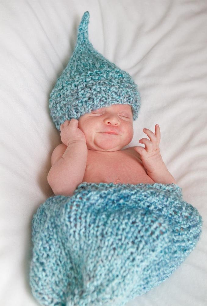 BABY HAT and COCOON Set - Knit Baby Elf Hat and Sac Set - Newborn Baby Hat and Sac, Aqua Blue, Photography Prop